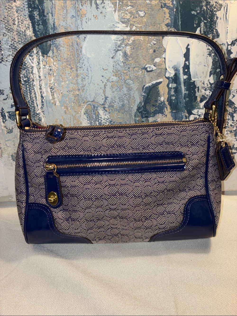 Genuine RARE Y 2 K Coach Navy Signature Jacquard Shoulder Bag with Gold Hardware